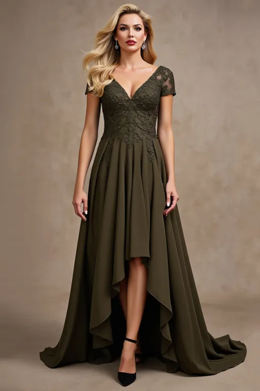 Olive Satin Asymmetrical High Low Mother of the Bride Dress sold by Zapaka