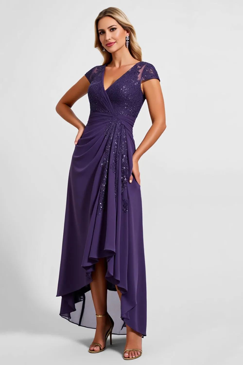 Sparkly Purple Chiffon Long Mother of the Bride Dress with Lace sold by Zapaka