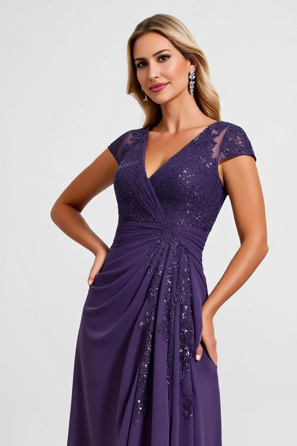 Sparkly Purple Chiffon Long Mother of the Bride Dress with Lace sold by Zapaka product image thumbnail 3