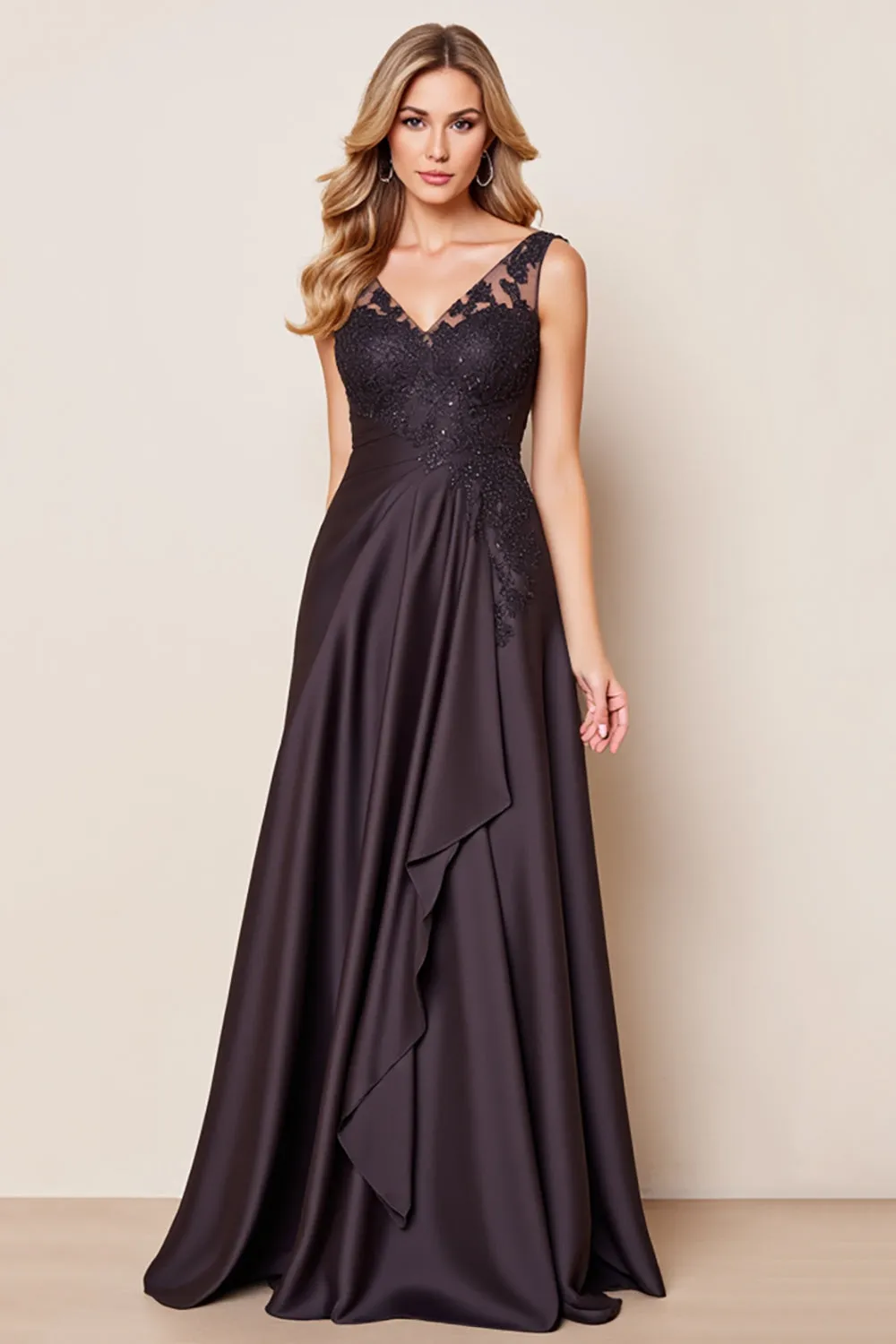 Black Satin Ruffled Long Mother of the Bride Dress with Lace sold by Zapaka
