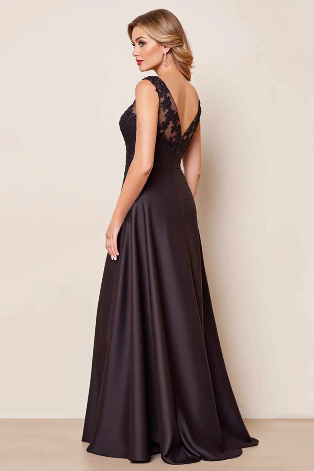 Black Satin Ruffled Long Mother of the Bride Dress with Lace sold by Zapaka product image thumbnail 2