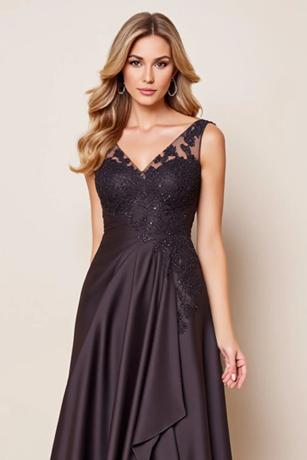 Black Satin Ruffled Long Mother of the Bride Dress with Lace sold by Zapaka product image thumbnail 3