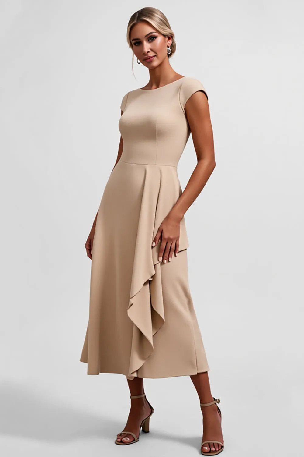 Champagne Satin Tea Length Mother of the Bride Dress with Ruffles sold by Zapaka