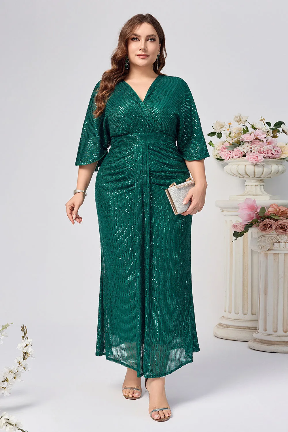Sparkly Dark Green Mermaid Long Mother of the Bride Dress with Sleeves sold by Zapaka product image thumbnail 4