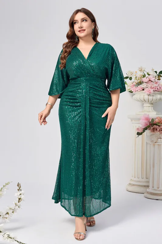 Sparkly Dark Green Mermaid Long Mother of the Bride Dress with Sleeves sold by Zapaka