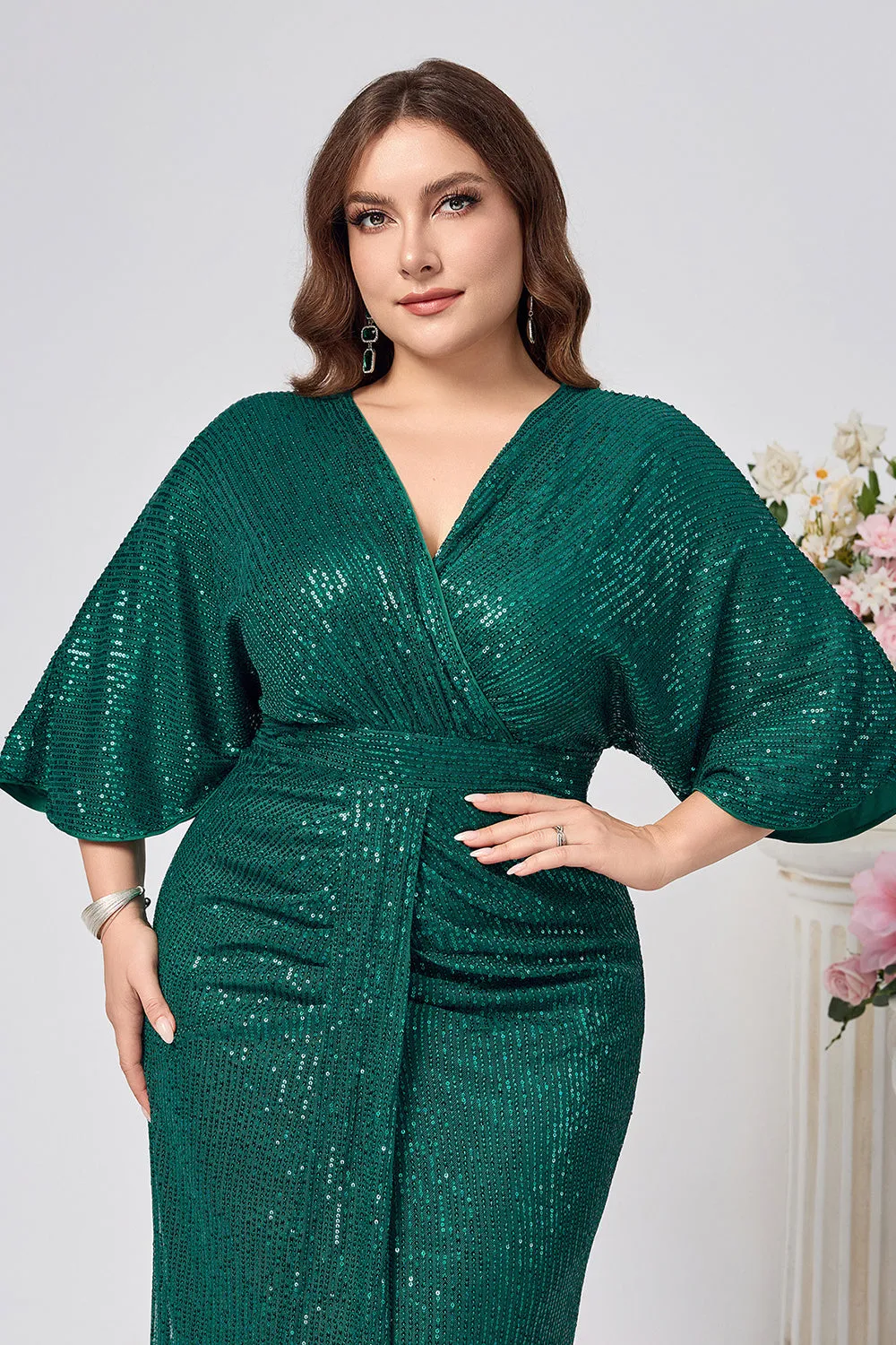Sparkly Dark Green Mermaid Long Mother of the Bride Dress with Sleeves sold by Zapaka product image thumbnail 5