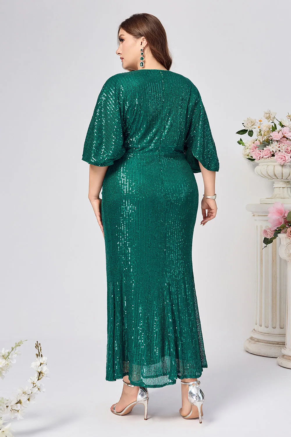 Sparkly Dark Green Mermaid Long Mother of the Bride Dress with Sleeves sold by Zapaka product image thumbnail 2