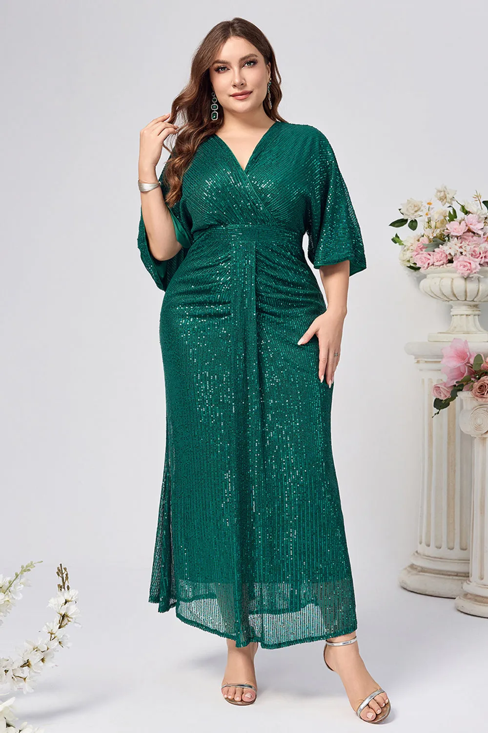 Sparkly Dark Green Mermaid Long Mother of the Bride Dress with Sleeves sold by Zapaka product image thumbnail 3