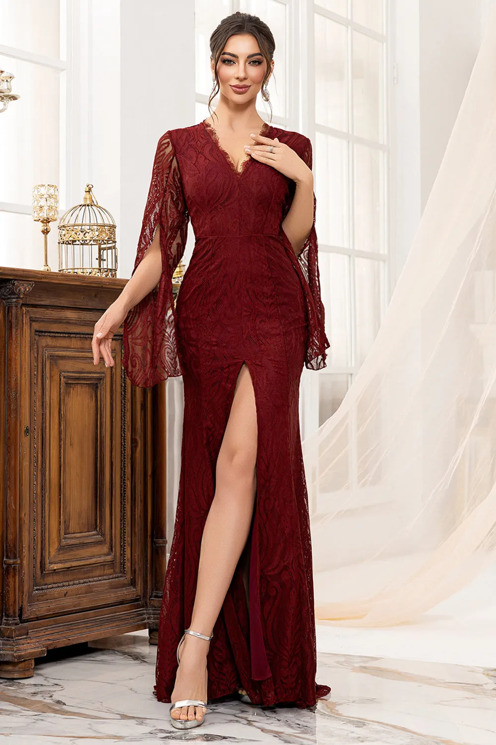 Burgundy Lace Mermaid Long Mother of the Bride Dress with Slit sold by Zapaka