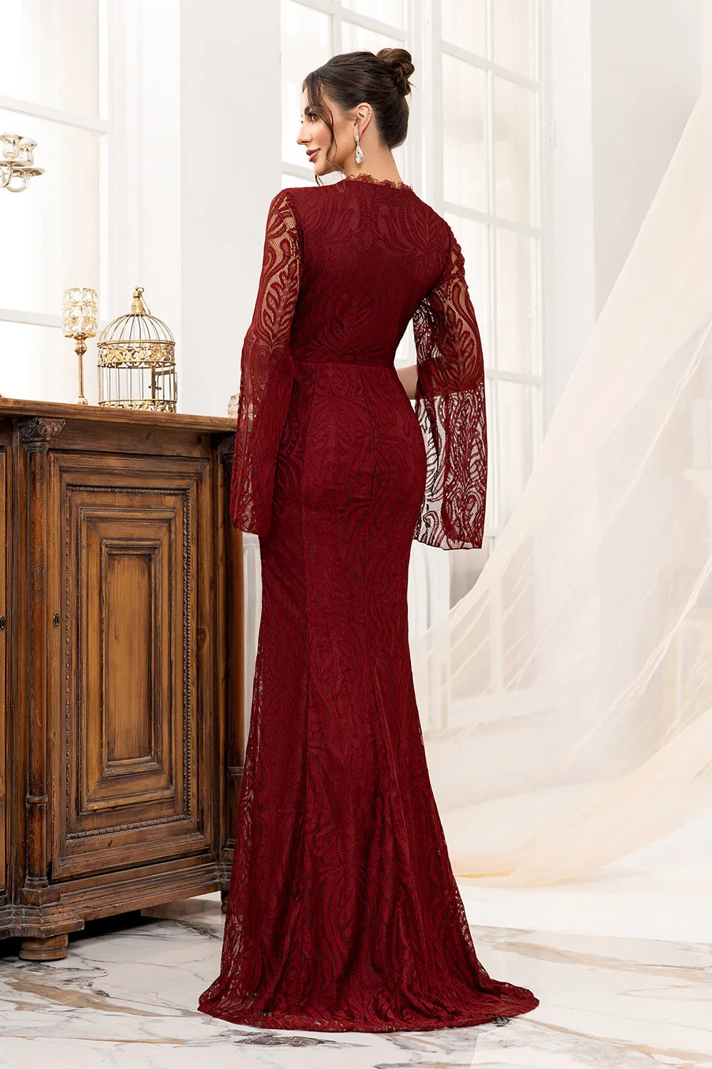 Burgundy Lace Mermaid Long Mother of the Bride Dress with Slit sold by Zapaka product image thumbnail 2
