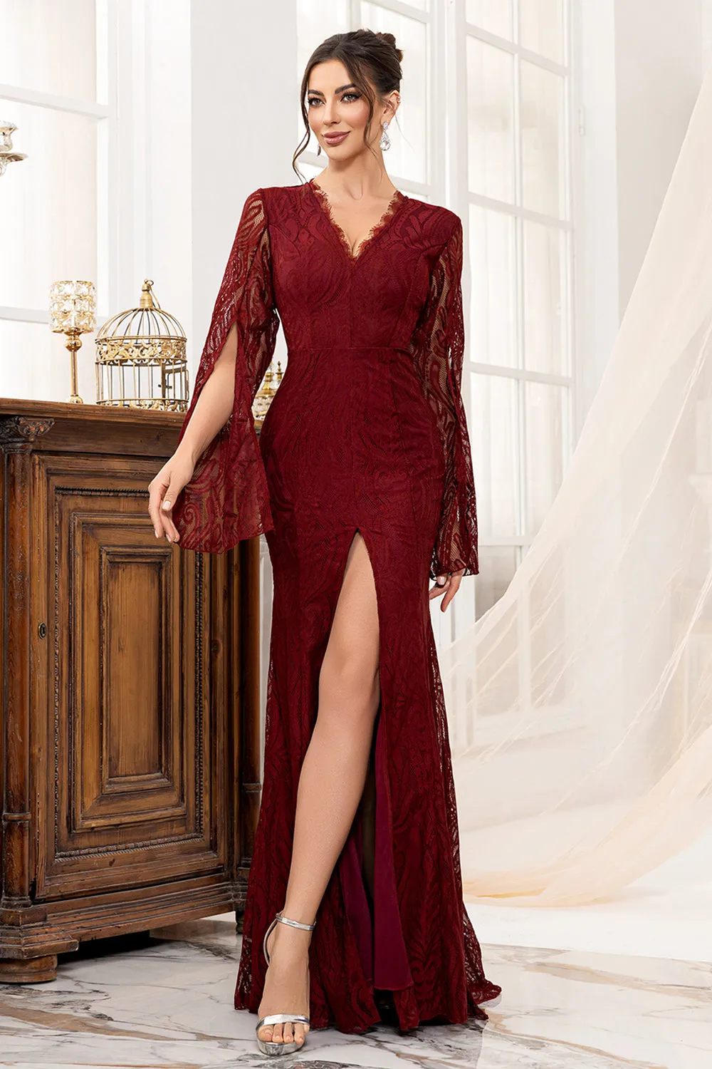 Burgundy Lace Mermaid Long Mother of the Bride Dress with Slit sold by Zapaka product image thumbnail 4