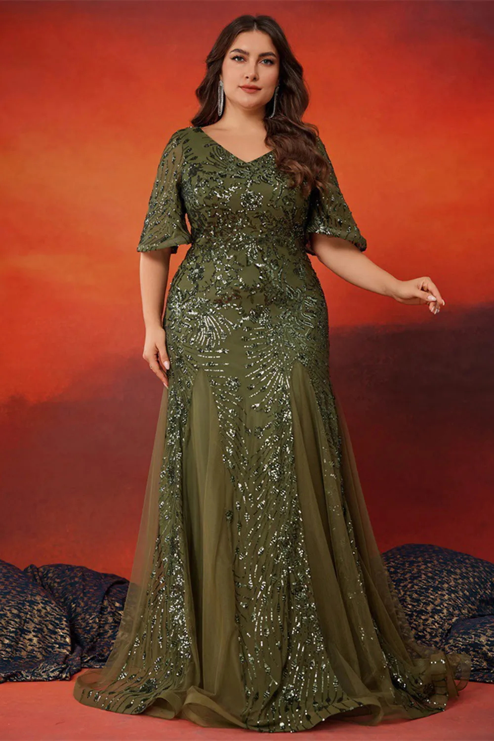 Sparkly Olive Mermaid Tulle Long Mother of the Bride Dress sold by Zapaka