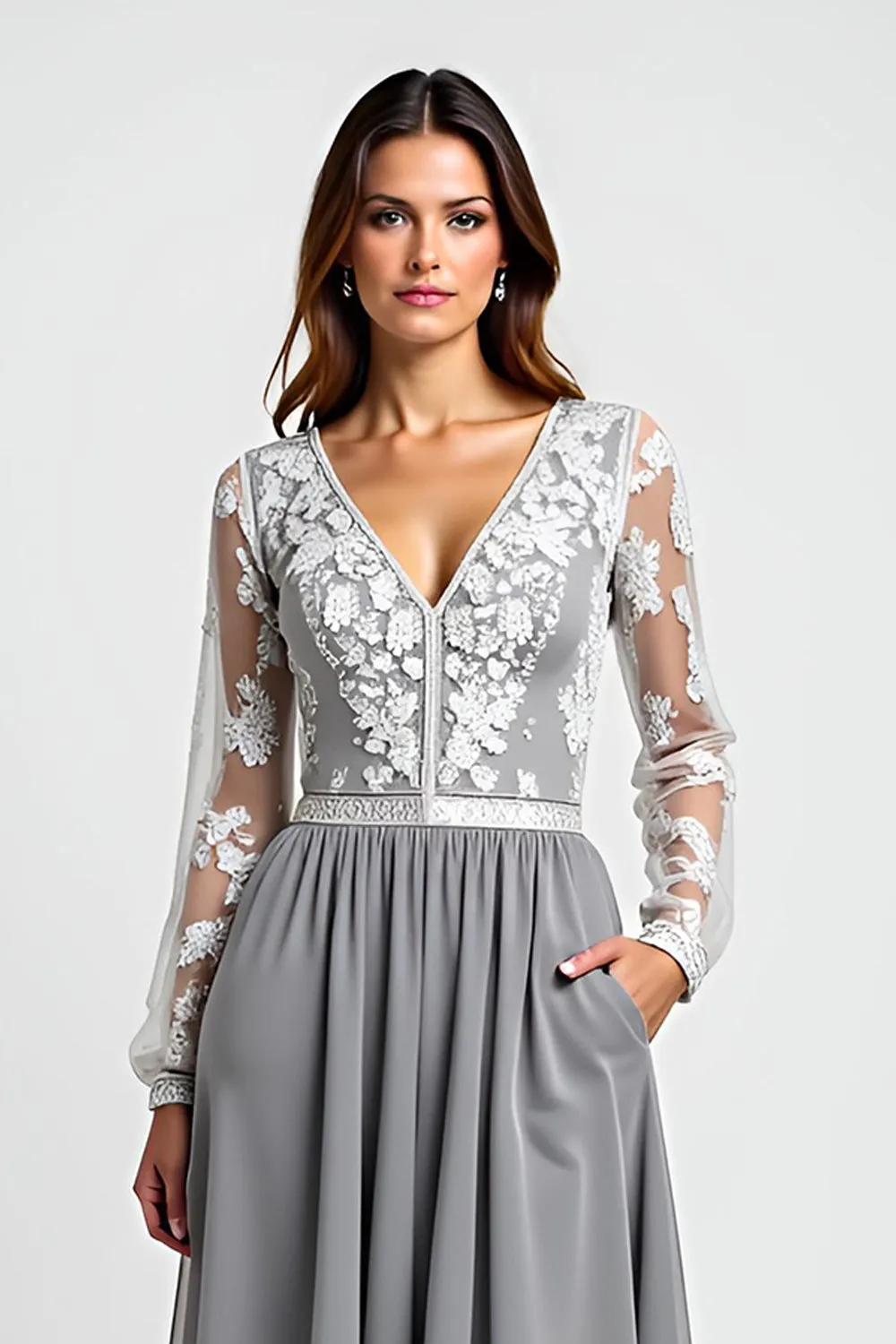 Long Sleeve Silver Asymmetrical Mother Of The Bride Dress With Appliques sold by Zapaka product image thumbnail 3
