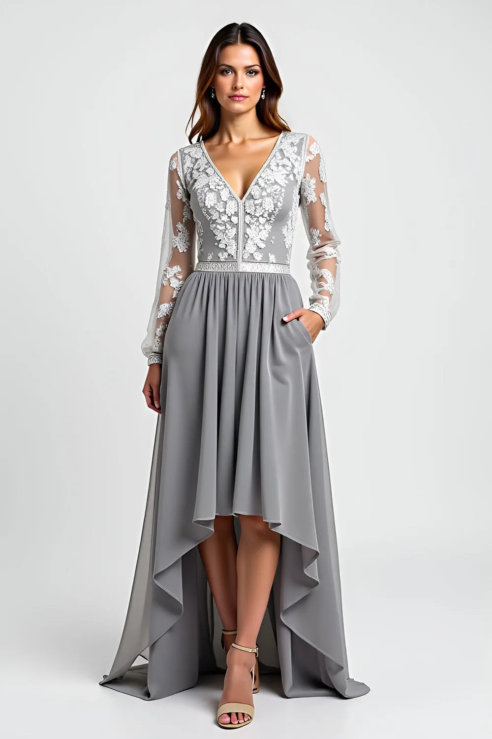 Long Sleeve Silver Asymmetrical Mother Of The Bride Dress With Appliques sold by Zapaka