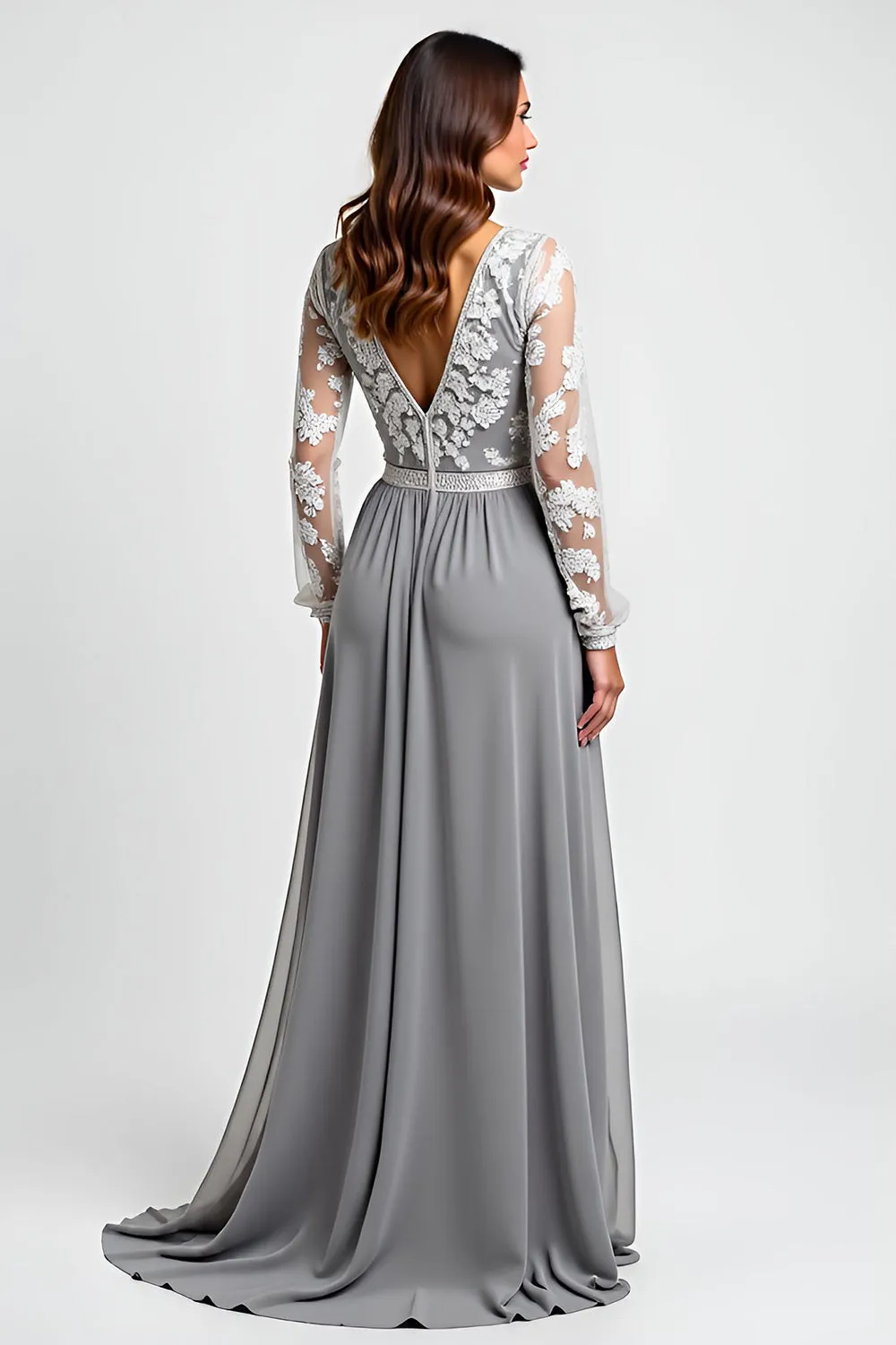 Long Sleeve Silver Asymmetrical Mother Of The Bride Dress With Appliques sold by Zapaka product image thumbnail 2