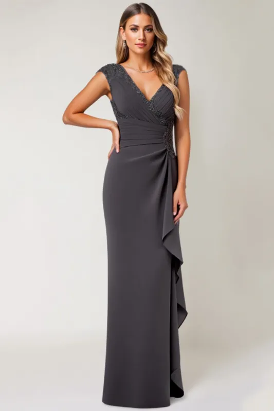Steel Grey Mermaid Chiffon Long Mother of The Bride Dress with Ruffles sold by Zapaka