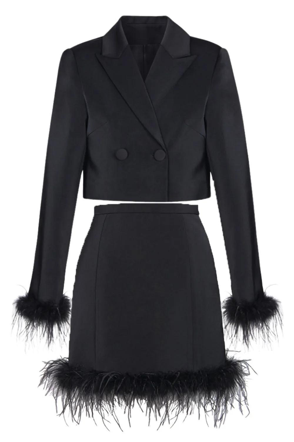 Black 2-Piece Peak Lapel Short Women Prom Suits with Feather sold by Zapaka