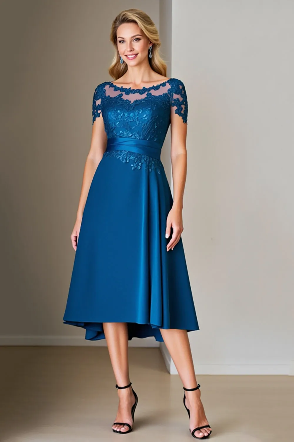 Peacock Blue A Line Tea Length Mother of the Bride Dress With Lace sold by Zapaka