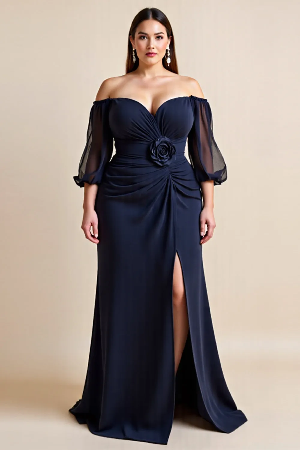 Off The Shoulder Navy Ruched Plus Size Mother Of The Bride Dress With Slit sold by Zapaka