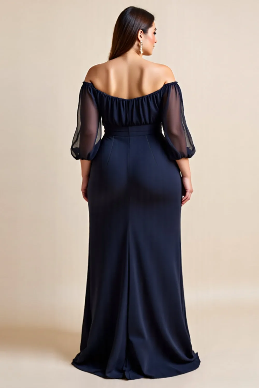 Off The Shoulder Navy Ruched Plus Size Mother Of The Bride Dress With Slit sold by Zapaka product image thumbnail 2