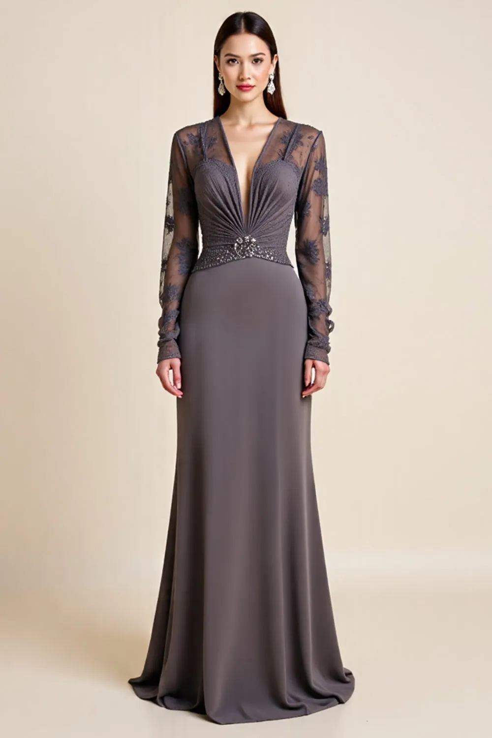 Long Sleeve Steel Grey Beaded Mother Of The Bride Dress sold by Zapaka