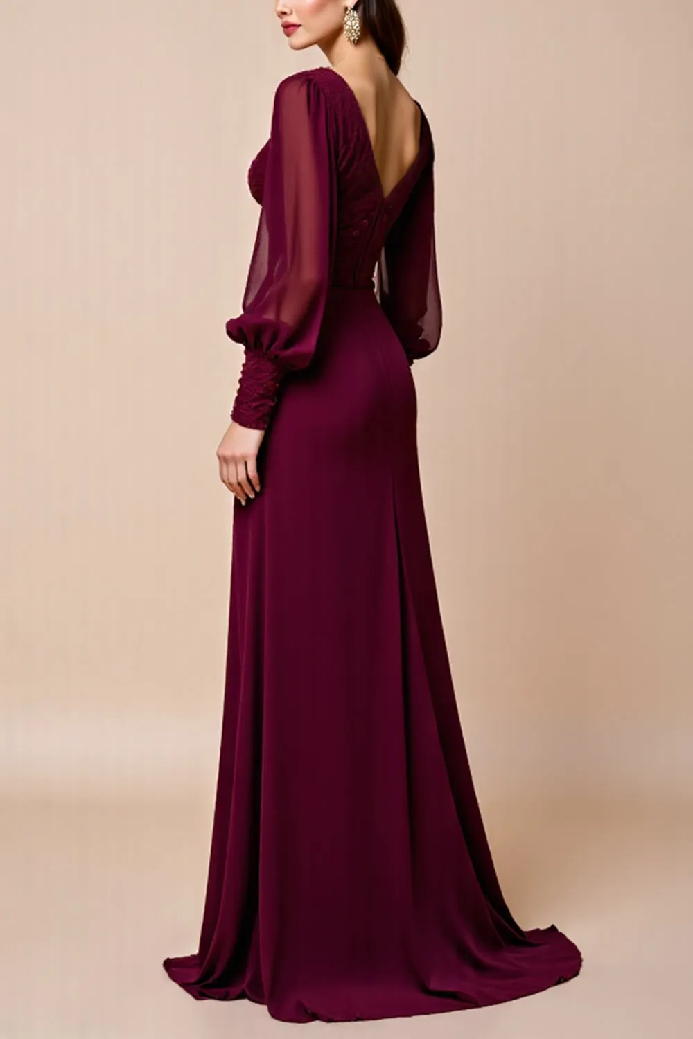 Long Sleeve Burgundy V Neck Mother Of The Bride Dress With Appliques sold by Zapaka product image thumbnail 3