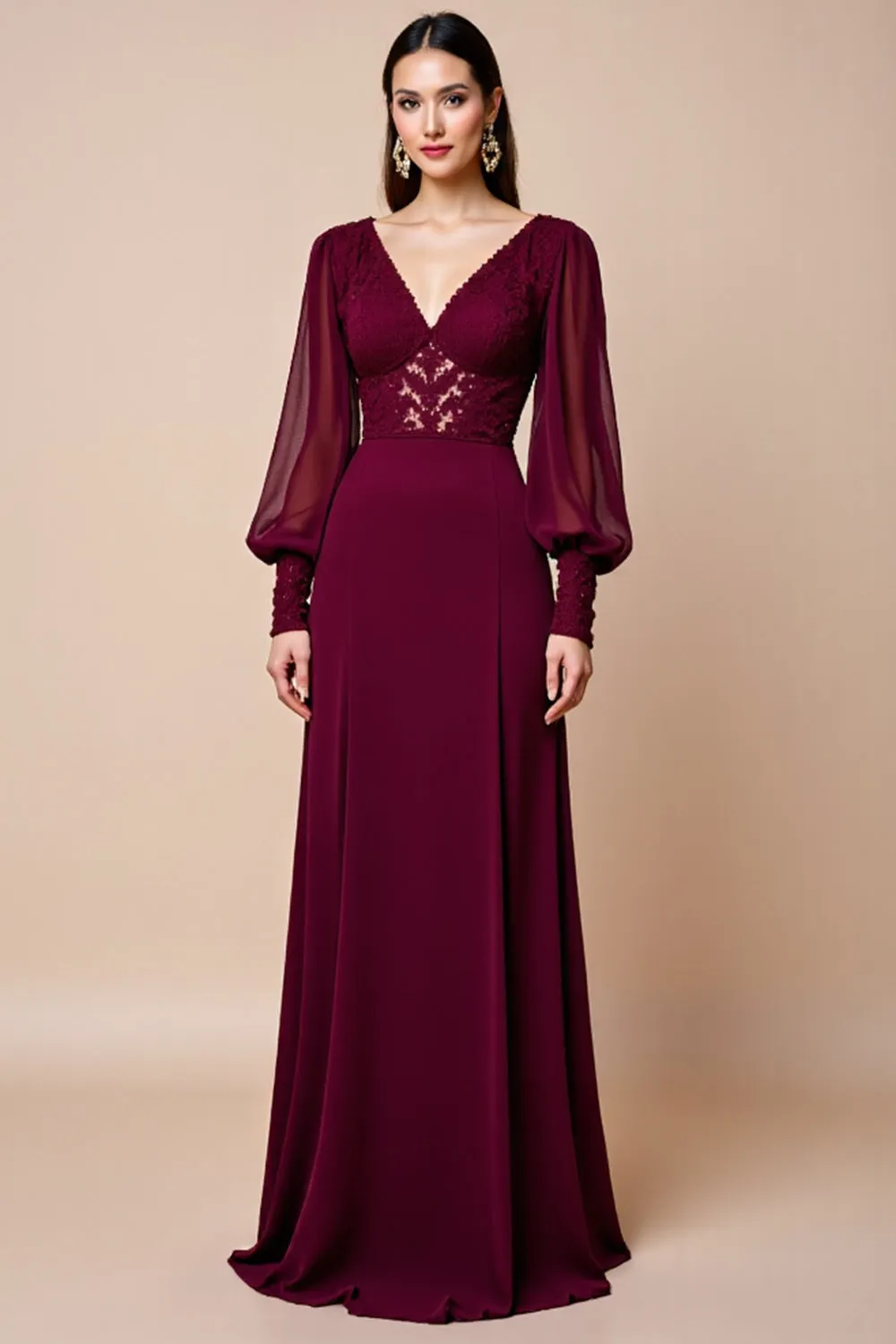 Long Sleeve Burgundy V Neck Mother Of The Bride Dress With Appliques sold by Zapaka