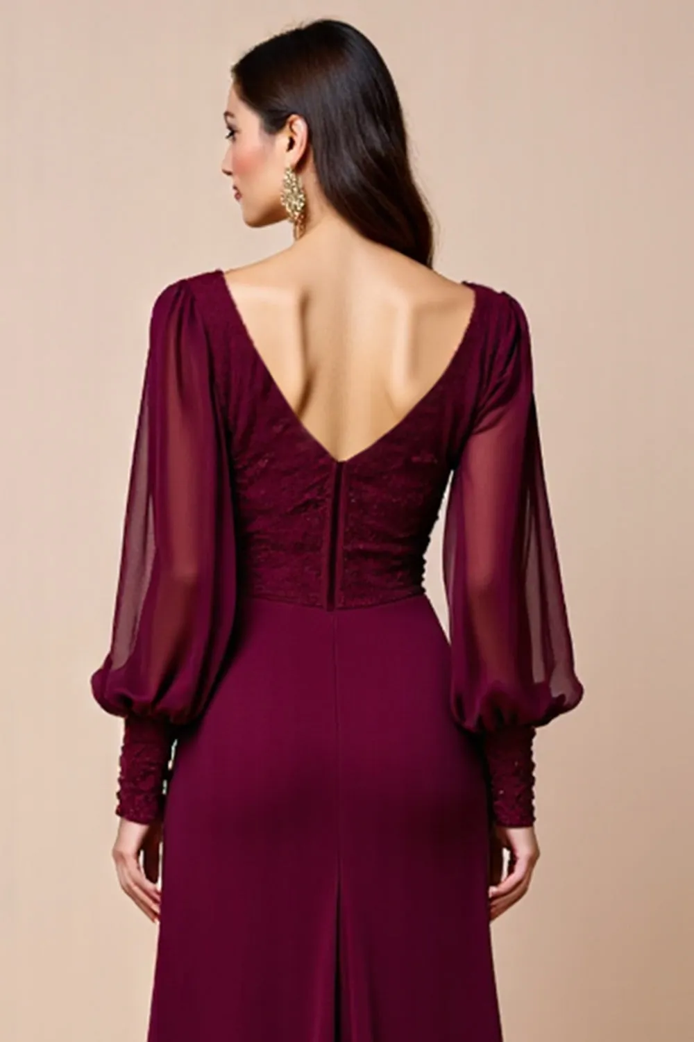 Long Sleeve Burgundy V Neck Mother Of The Bride Dress With Appliques sold by Zapaka product image thumbnail 5