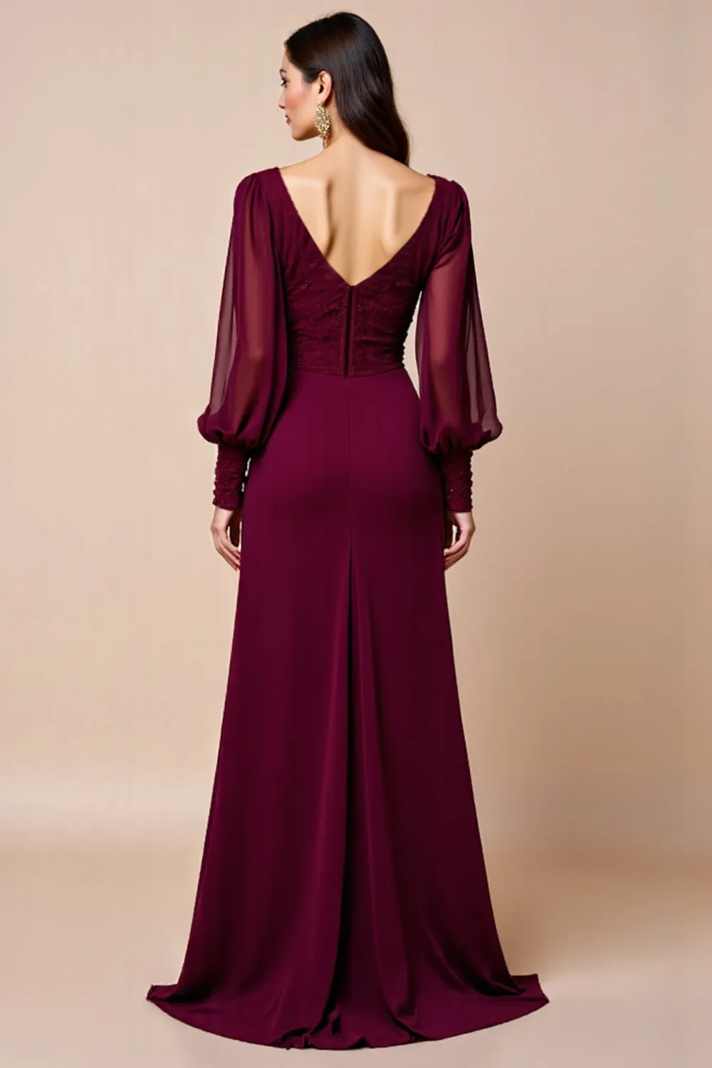 Long Sleeve Burgundy V Neck Mother Of The Bride Dress With Appliques sold by Zapaka product image thumbnail 2
