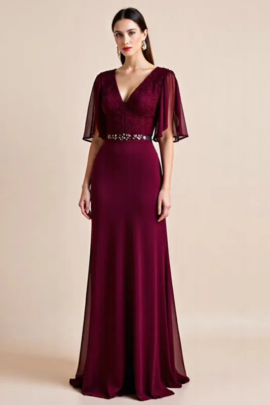 Burgundy Flutter Sleeve Beaded A Line Mother Of The Bride Dress sold by Zapaka