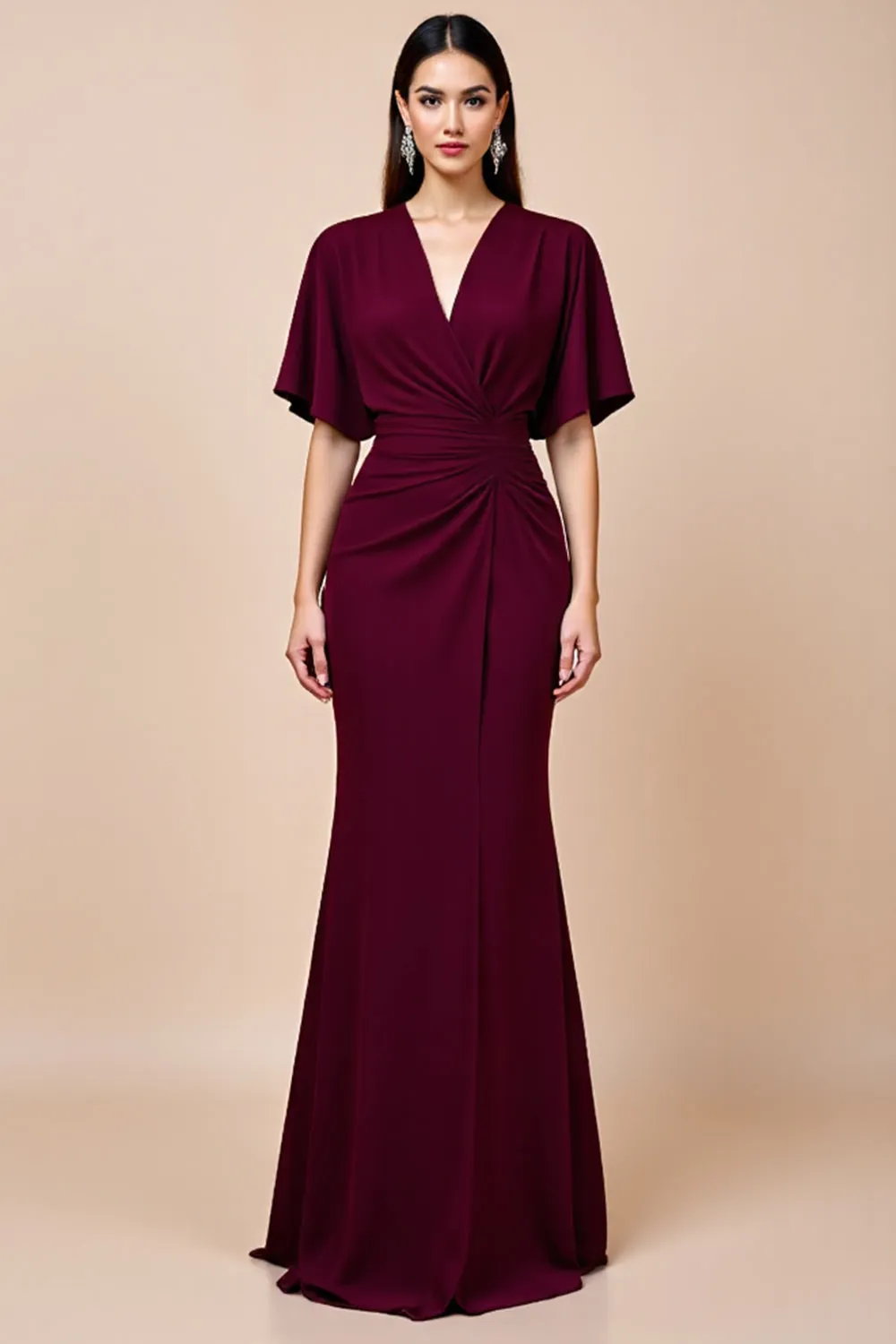 Burgundy Mermaid Flutter Sleeve Long Mother Of The Bride Dress sold by Zapaka