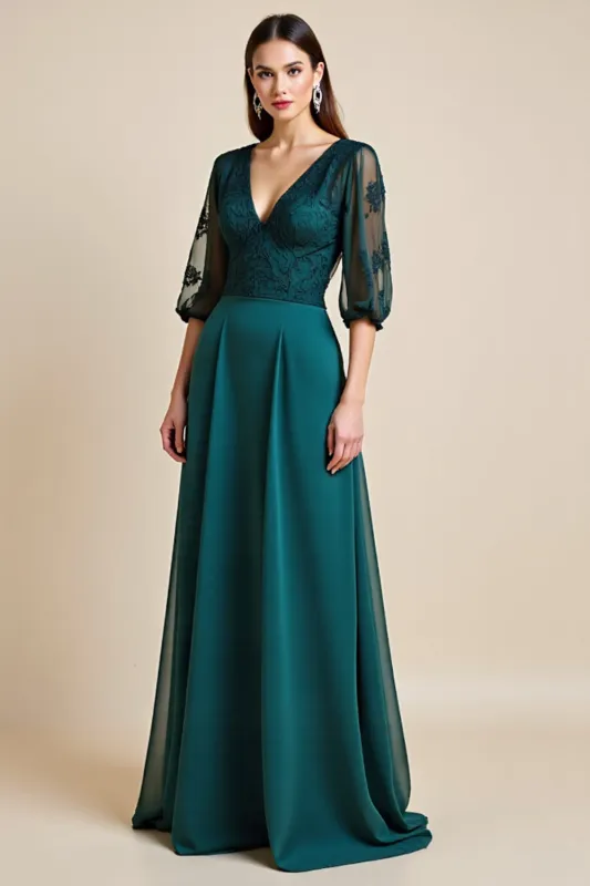 Blue A Line V Neck Long Mother Of The Bride Dress With Appliques sold by Zapaka
