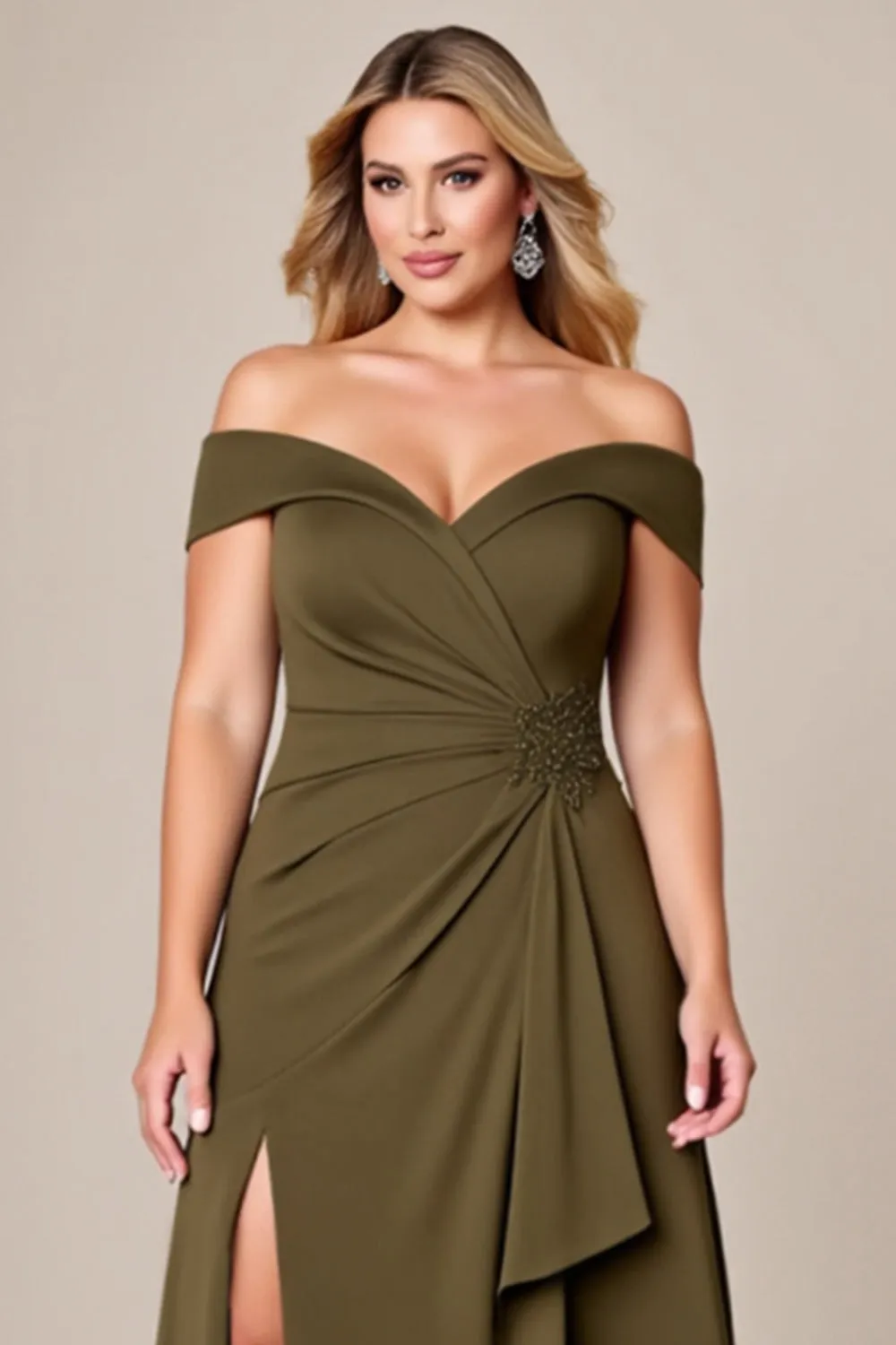 Off The Shoulder Olive Long Plus Size Mother Of The Bride Dress With Slit sold by Zapaka product image thumbnail 3