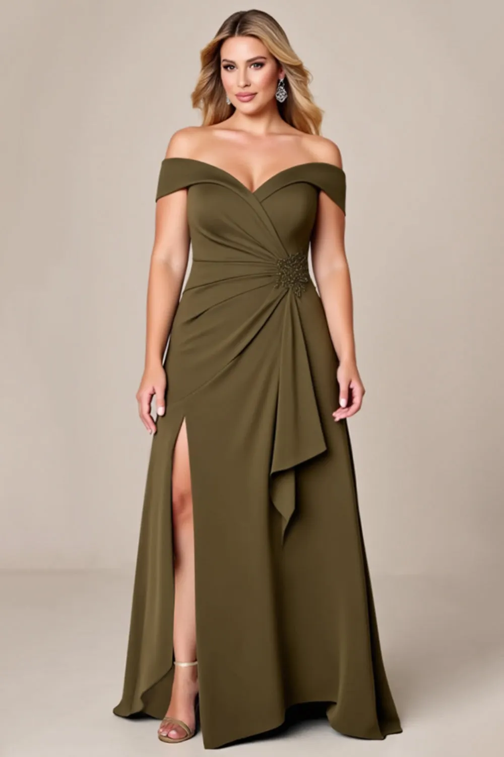 Off The Shoulder Olive Long Plus Size Mother Of The Bride Dress With Slit sold by Zapaka