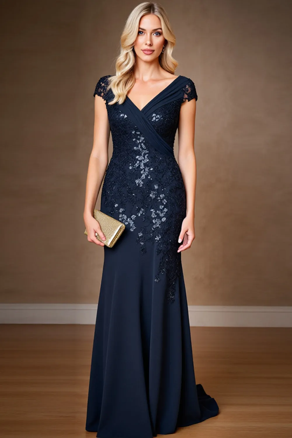 Navy Sheath Cap Sleeve Long Mother Of The Bride Dress With Sequins sold by Zapaka