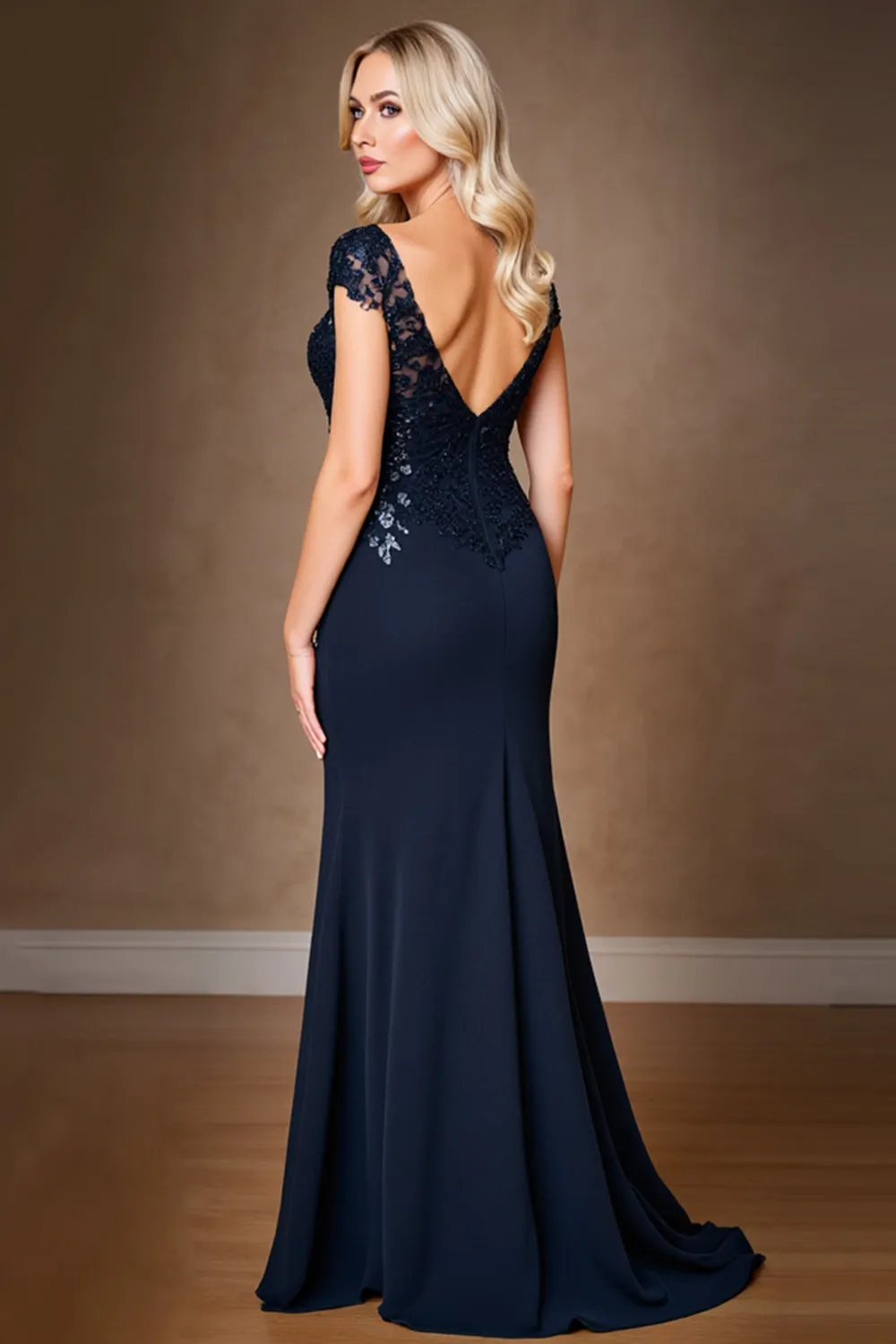 Navy Sheath Cap Sleeve Long Mother Of The Bride Dress With Sequins sold by Zapaka product image thumbnail 2