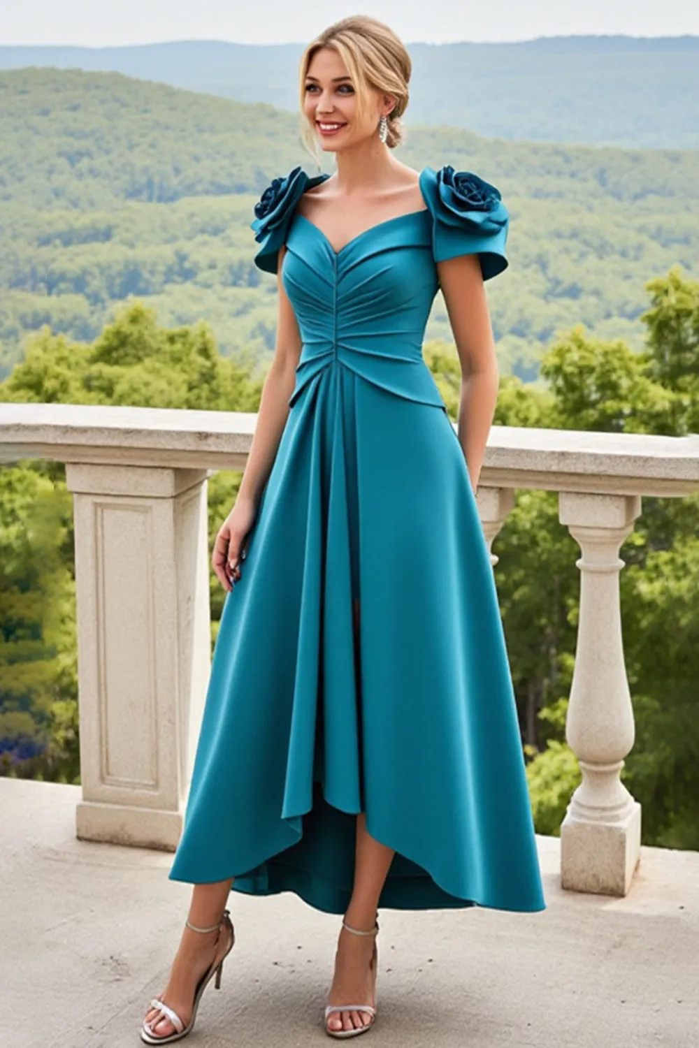 Blue A Line Ruched Long Mother Of The Bride Dress With 3D Flowers sold by Zapaka product image thumbnail 3