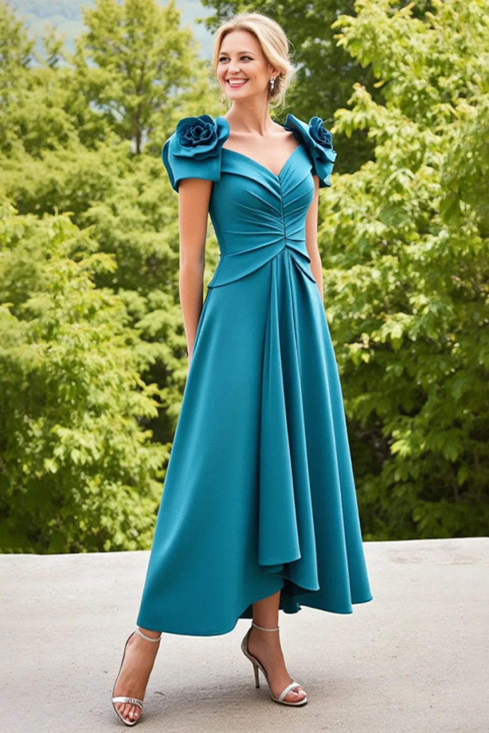 Blue A Line Ruched Long Mother Of The Bride Dress With 3D Flowers sold by Zapaka