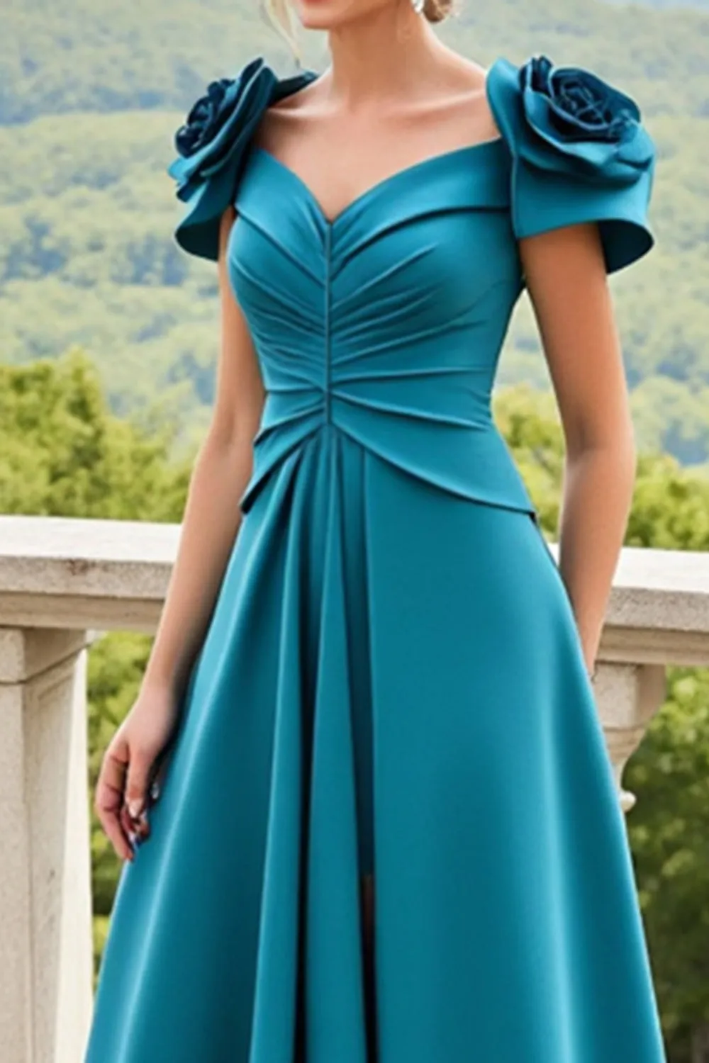 Blue A Line Ruched Long Mother Of The Bride Dress With 3D Flowers sold by Zapaka product image thumbnail 5