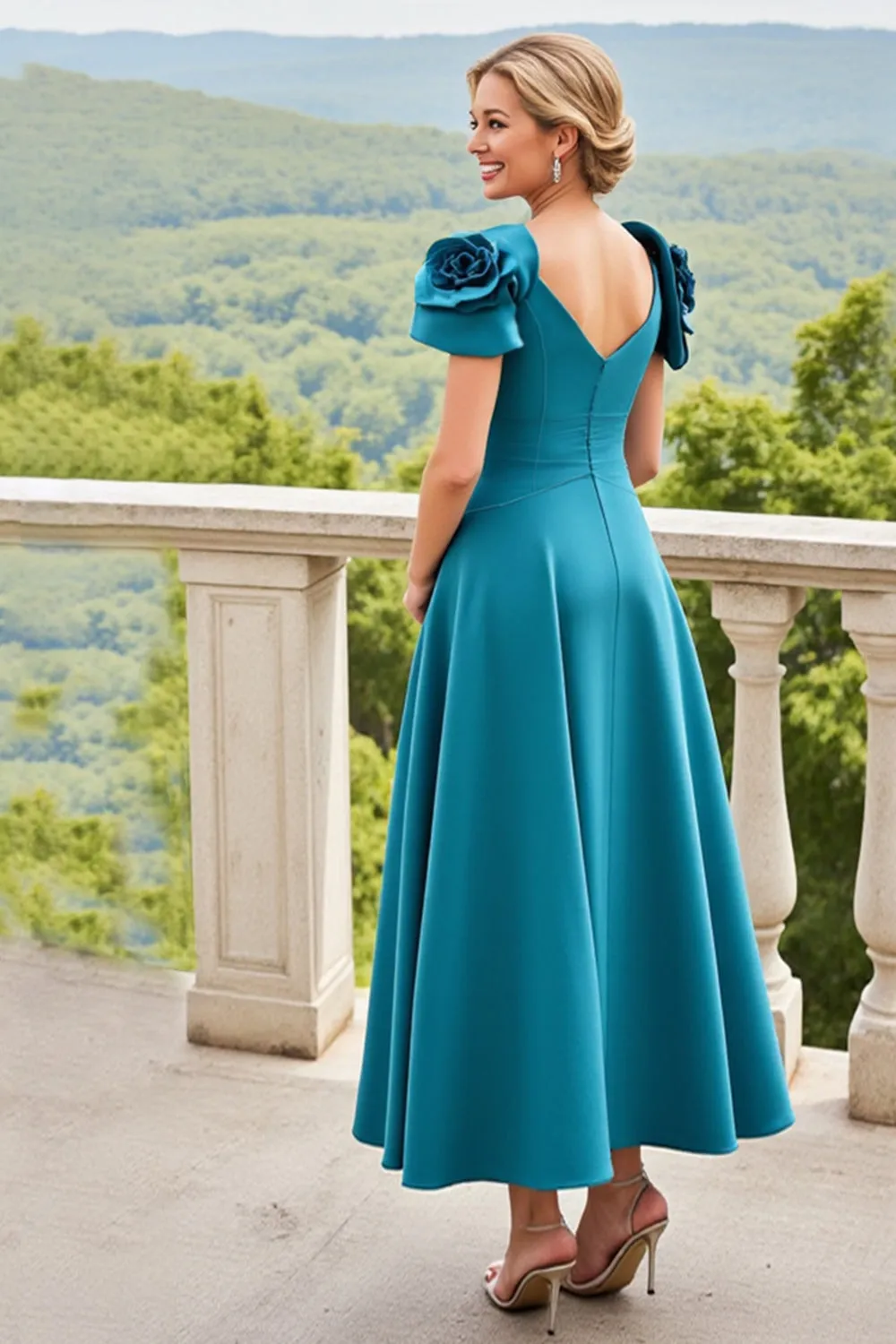 Blue A Line Ruched Long Mother Of The Bride Dress With 3D Flowers sold by Zapaka product image thumbnail 2