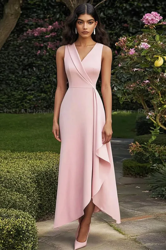 Pink A Line V Neck Formal Dress sold by Zapaka