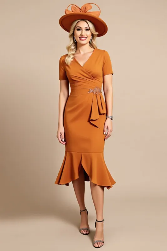 Orange Sheath V Neck Midi Mother Of The Bride Dress sold by Zapaka