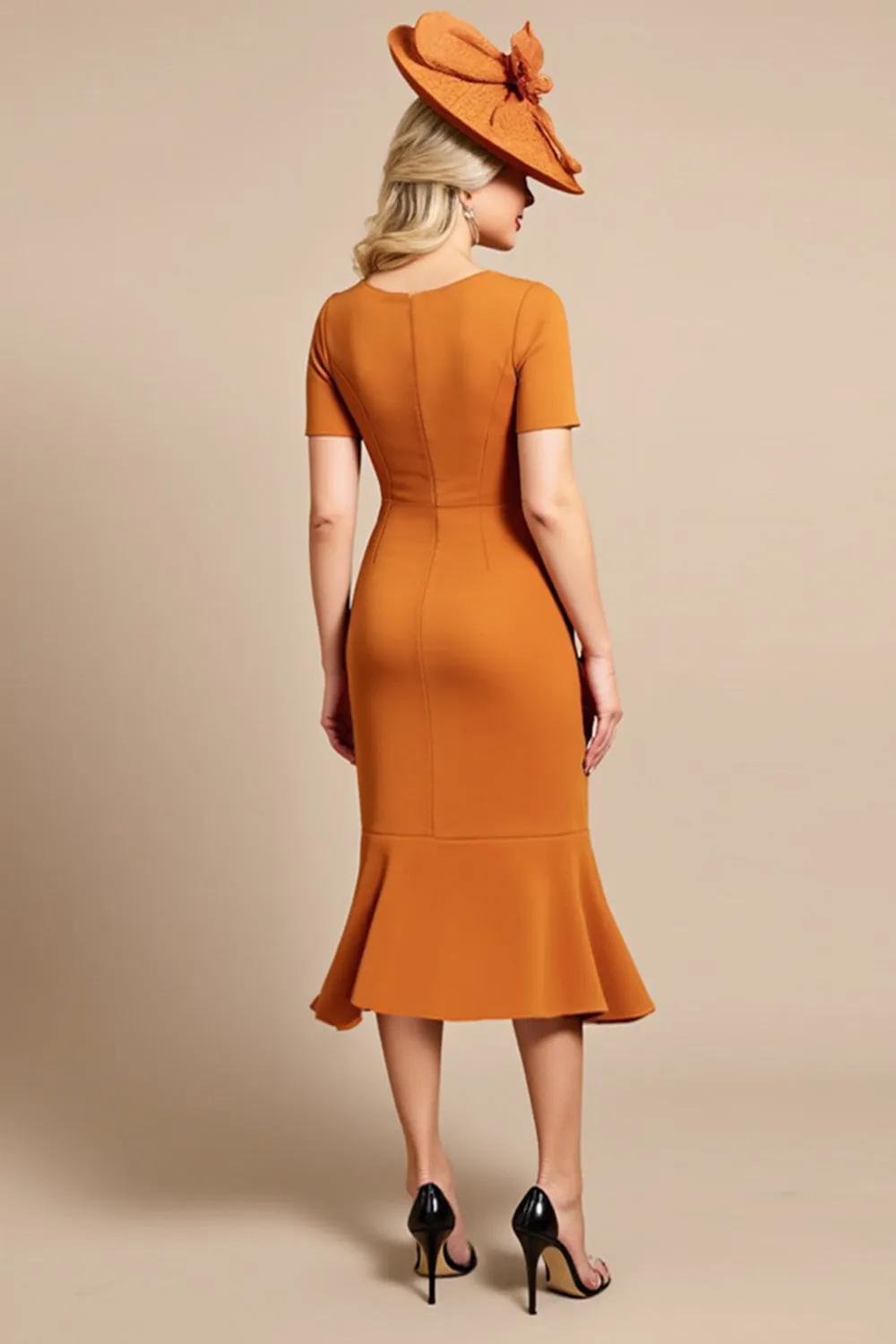 Orange Sheath V Neck Midi Mother Of The Bride Dress sold by Zapaka product image thumbnail 2