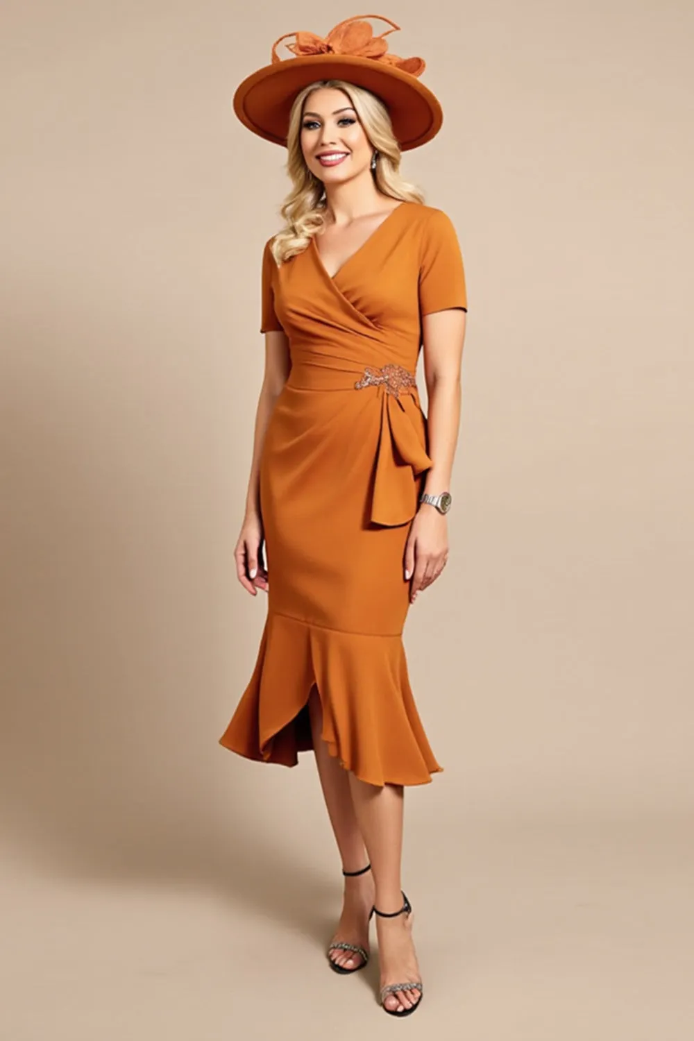 Orange Sheath V Neck Midi Mother Of The Bride Dress sold by Zapaka product image thumbnail 3
