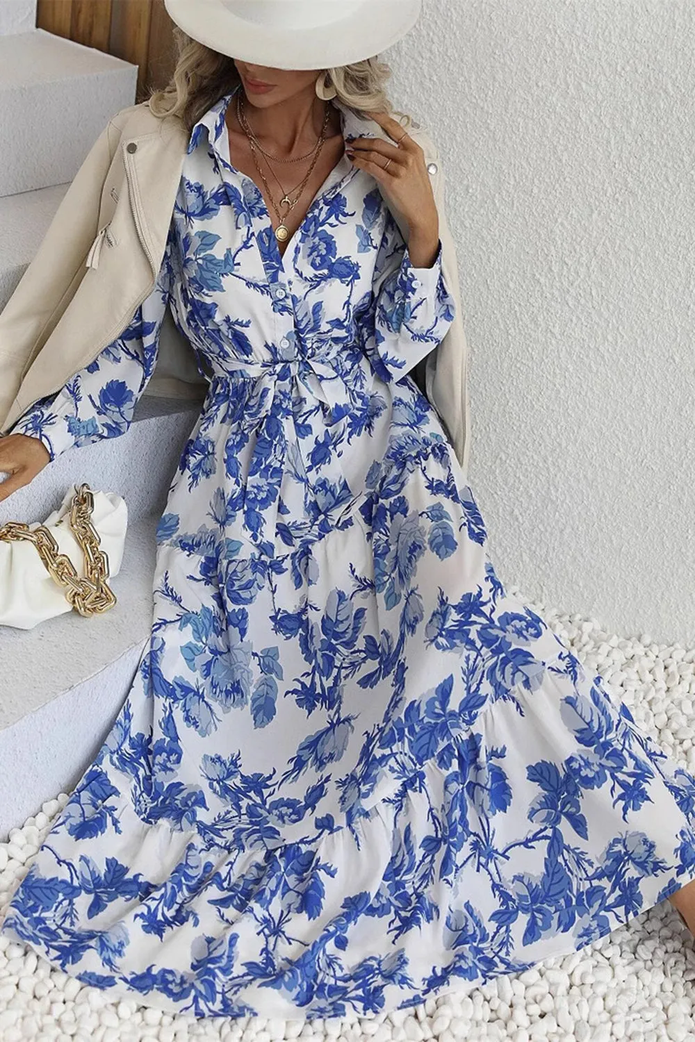 Long Sleeve Lapel Blue Printed Summer Dress sold by Zapaka product image thumbnail 5
