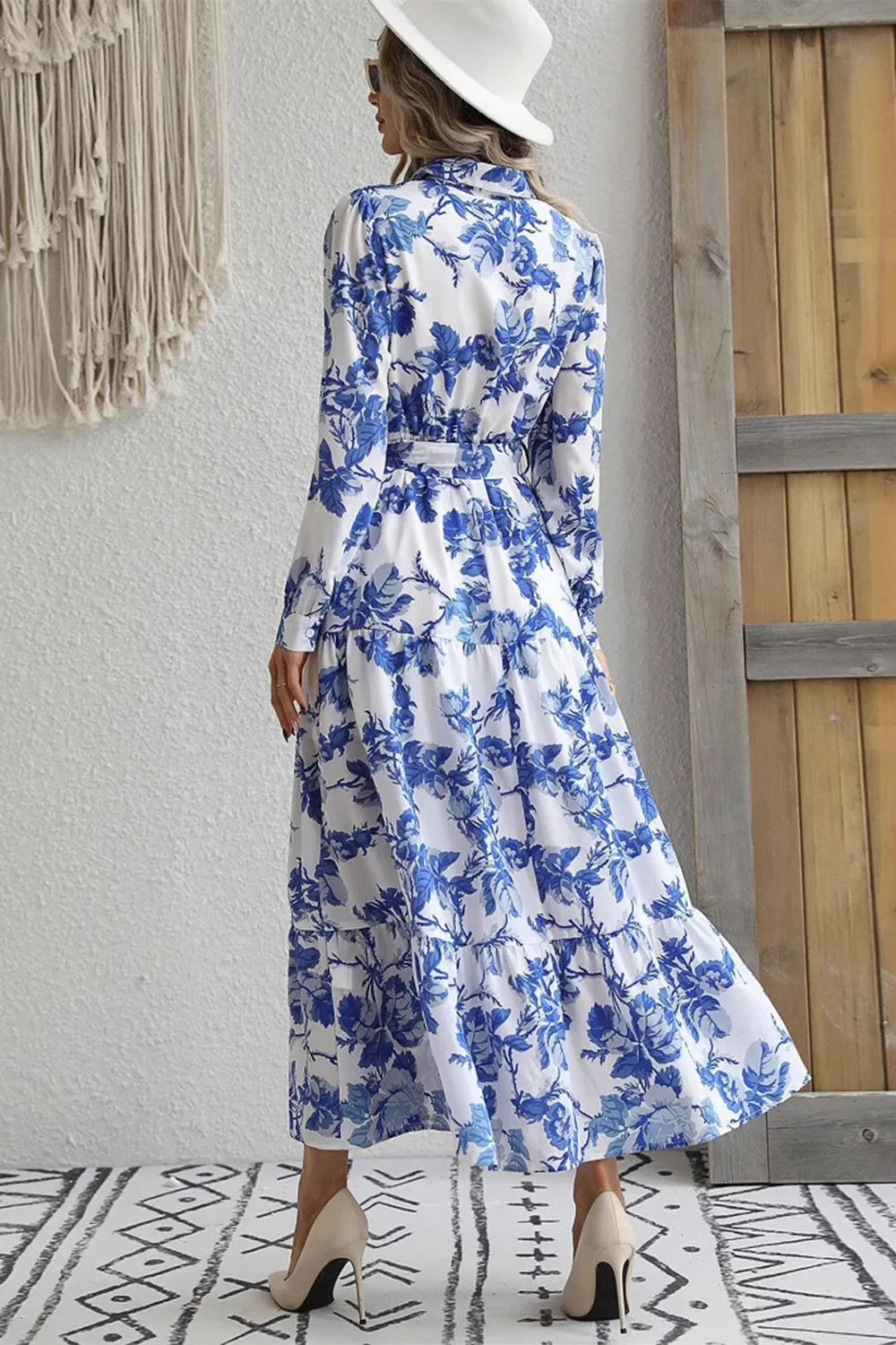 Long Sleeve Lapel Blue Printed Summer Dress sold by Zapaka product image thumbnail 2