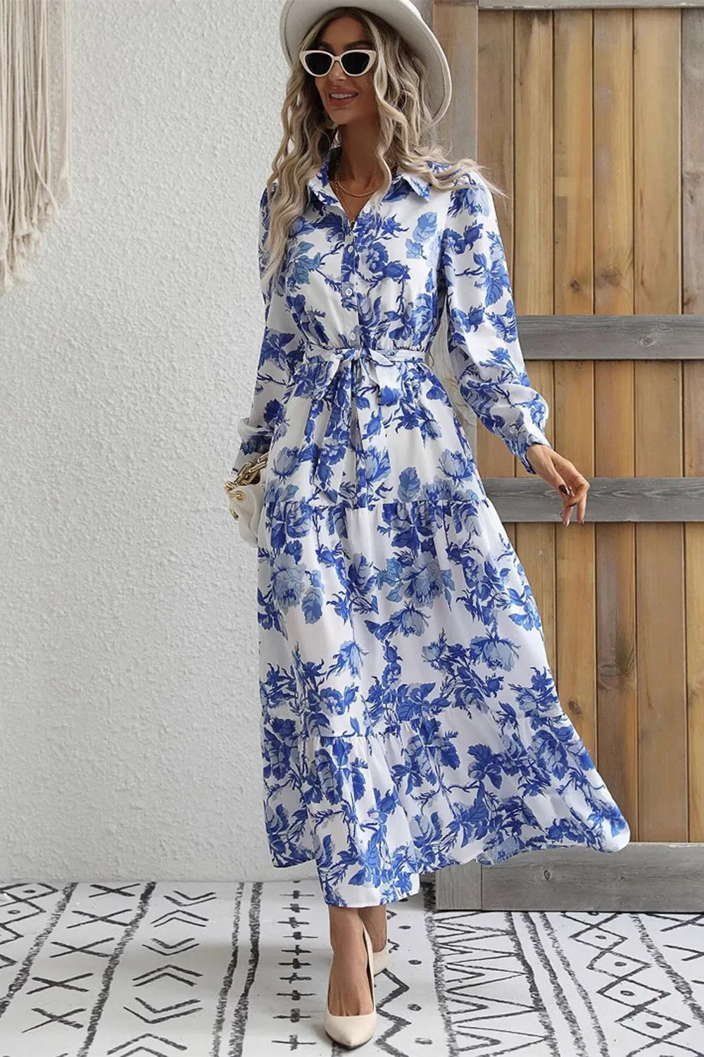 Long Sleeve Lapel Blue Printed Summer Dress sold by Zapaka product image thumbnail 3