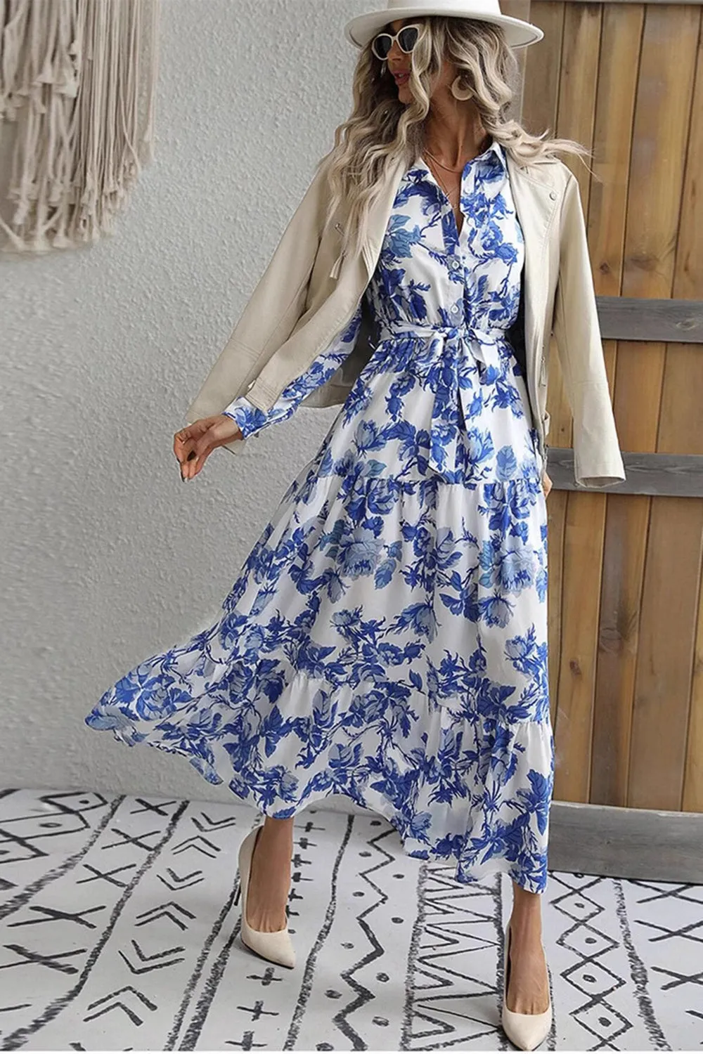 Long Sleeve Lapel Blue Printed Summer Dress sold by Zapaka product image thumbnail 4