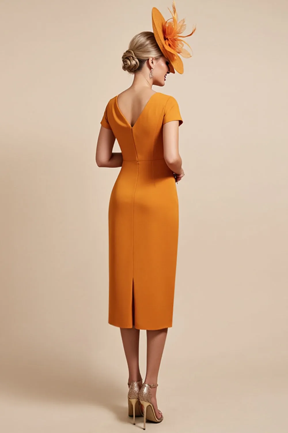 Orange Sheath Cap Sleeve Midi Mother Of The Bride Dress sold by Zapaka product image thumbnail 2