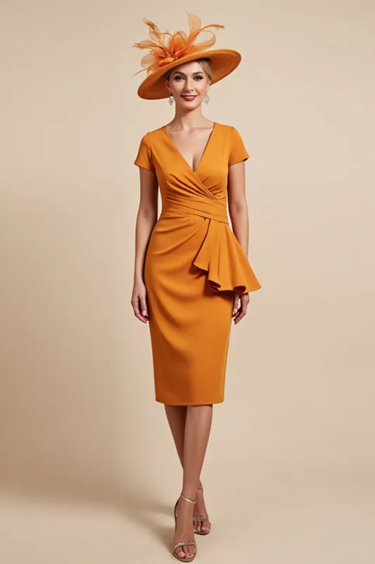 Orange Sheath Cap Sleeve Midi Mother Of The Bride Dress sold by Zapaka